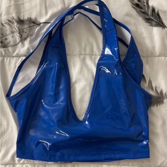 SHEIN Tops - Faux Leather Vinyl Royal Blue Backless Crop Top Plunge V Cut New Size S